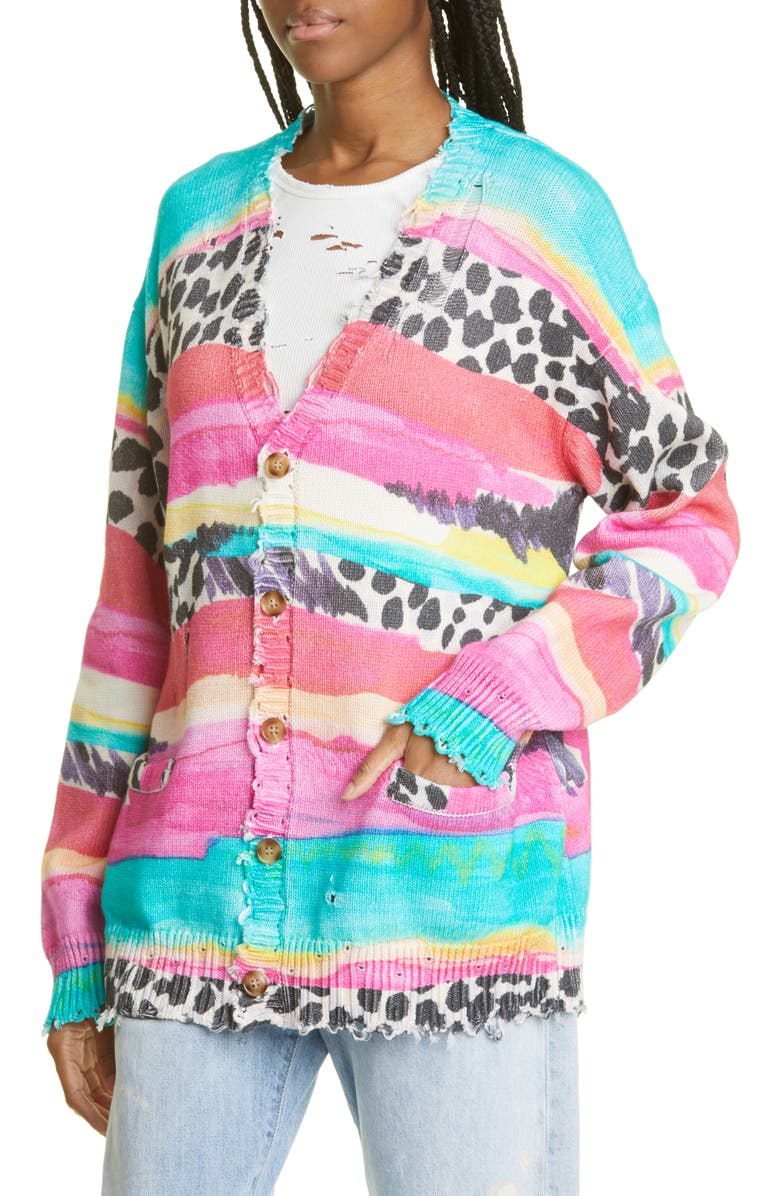 R13 Multistripe Oversize Distressed Cotton Cardigan, Alternate, color,