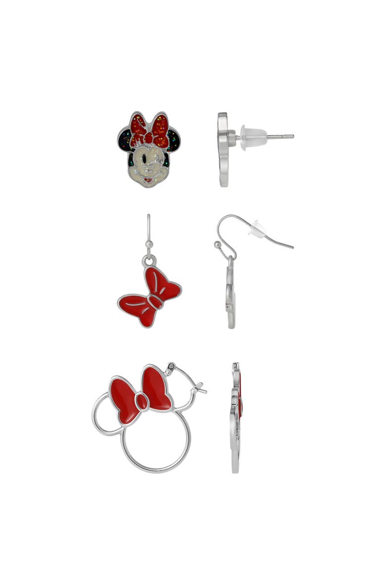 Minnie Mouse Red Bow Earring Set, 3 Pairs (Hoops, Drops & Studs), Silver-Tone, Alternate, color, Red