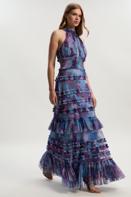 Karen Millen Tulle Layered Halter Neck Maxi Dress In Blue