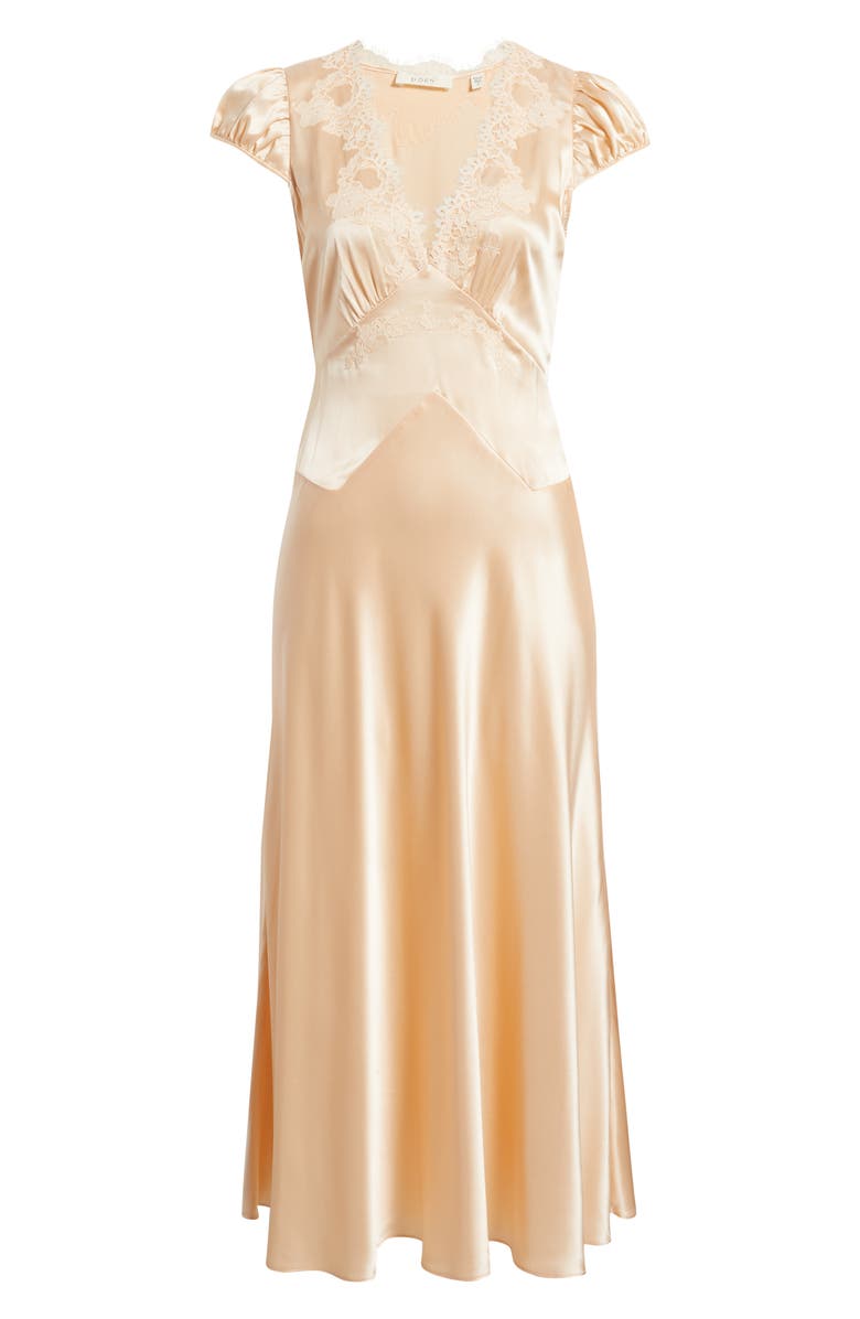 DÔEN Coraline Lace Trim Silk Satin Midi Dress, Alternate, color, Peach Sorbet