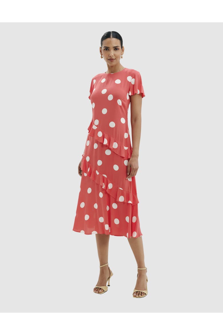 Sierra Asymmetric Ruffle Midi Dress, Main, color, Red Spot