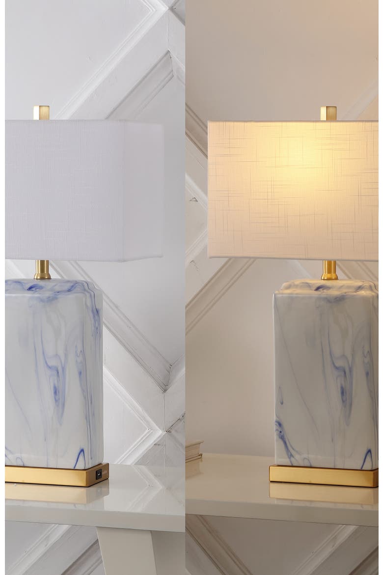 Chloe 24.5" Modern Coastal Iron/Marbled Ceramic LED Table Lamp with USB Charging Port, Blue/White, Alternate, color, Blue/White