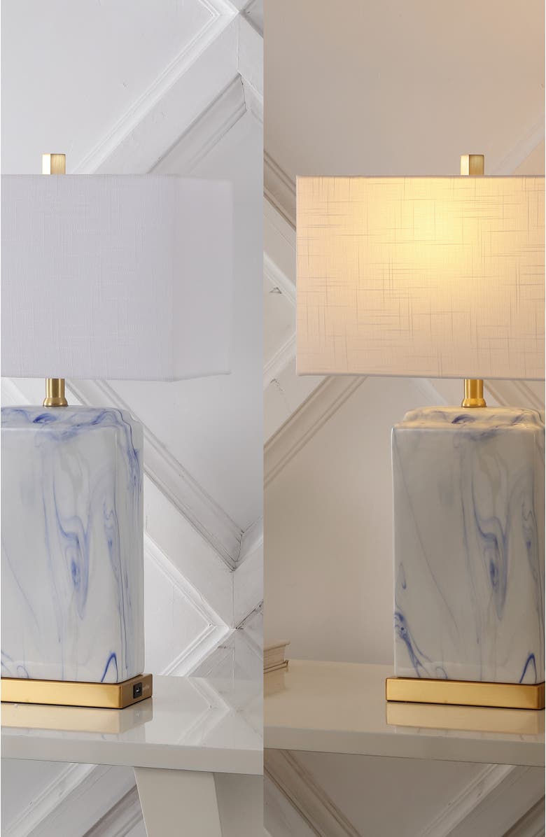 JONATHAN Y Chloe 24.5" Modern Coastal Iron/Marbled Ceramic LED Table Lamp with USB Charging Port, Blue/White, Alternate, color, Blue/White