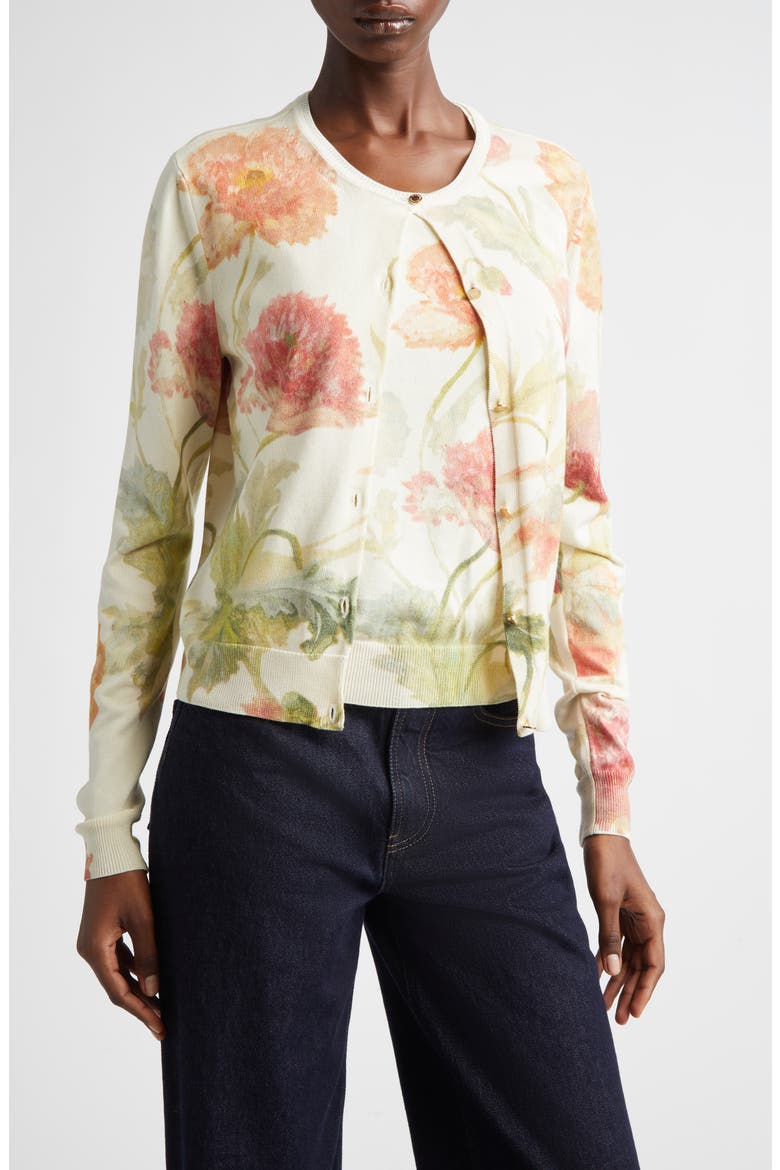 Poppy Print Silk & Cotton Cardigan, Main, color, ALMOND MULTI