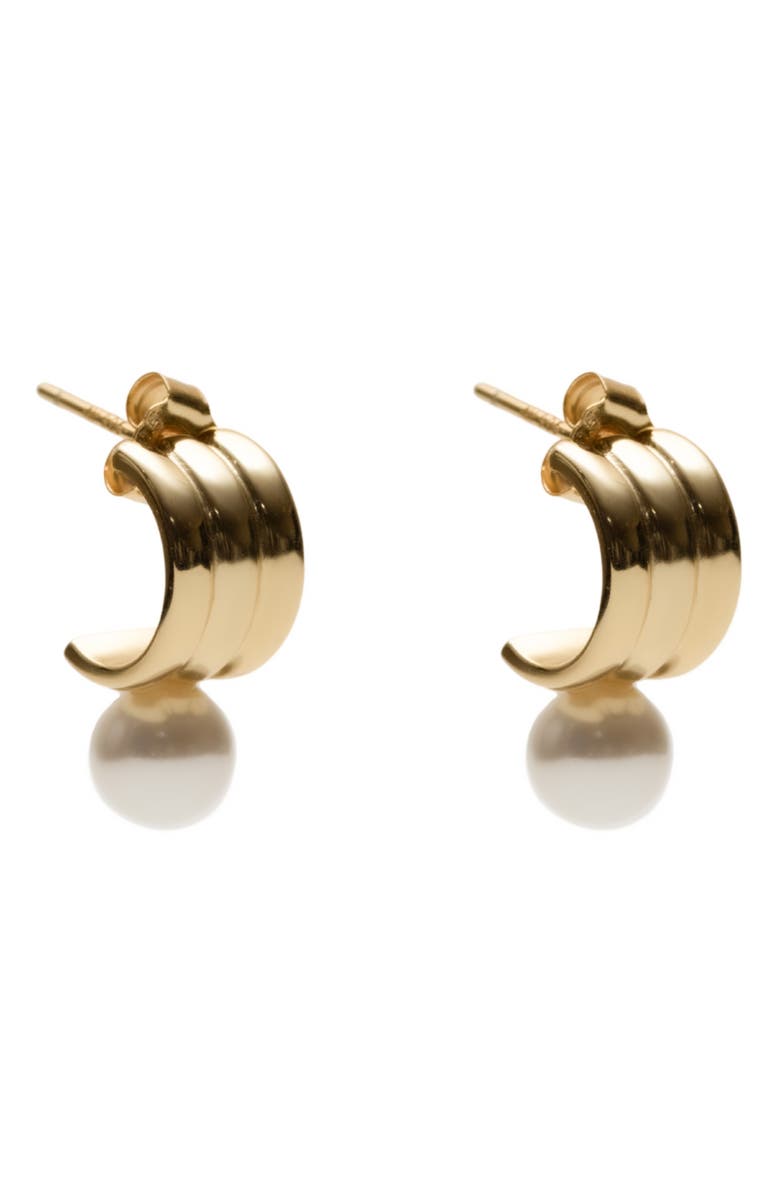 Argento Vivo Sterling Silver Small Rib Faux Pearl Huggie Hoop Earrings, Main, color, Gold