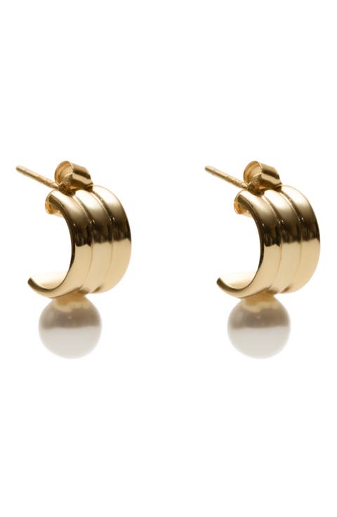 Small Rib Faux Pearl Huggie Hoop Earrings