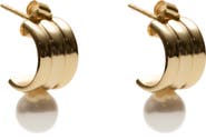 Argento Vivo Sterling Silver Small Rib Faux Pearl Huggie Hoop Earrings