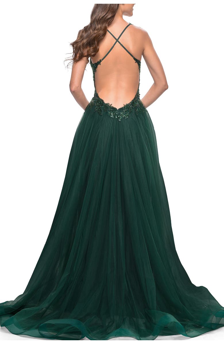 La Femme Tulle A-Line Gown with Sheer and Beaded Lace Detail, Alternate, color, Dark Emerald