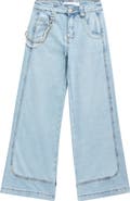 Tractr Kids' Pearl & Chain Wide Leg Jeans