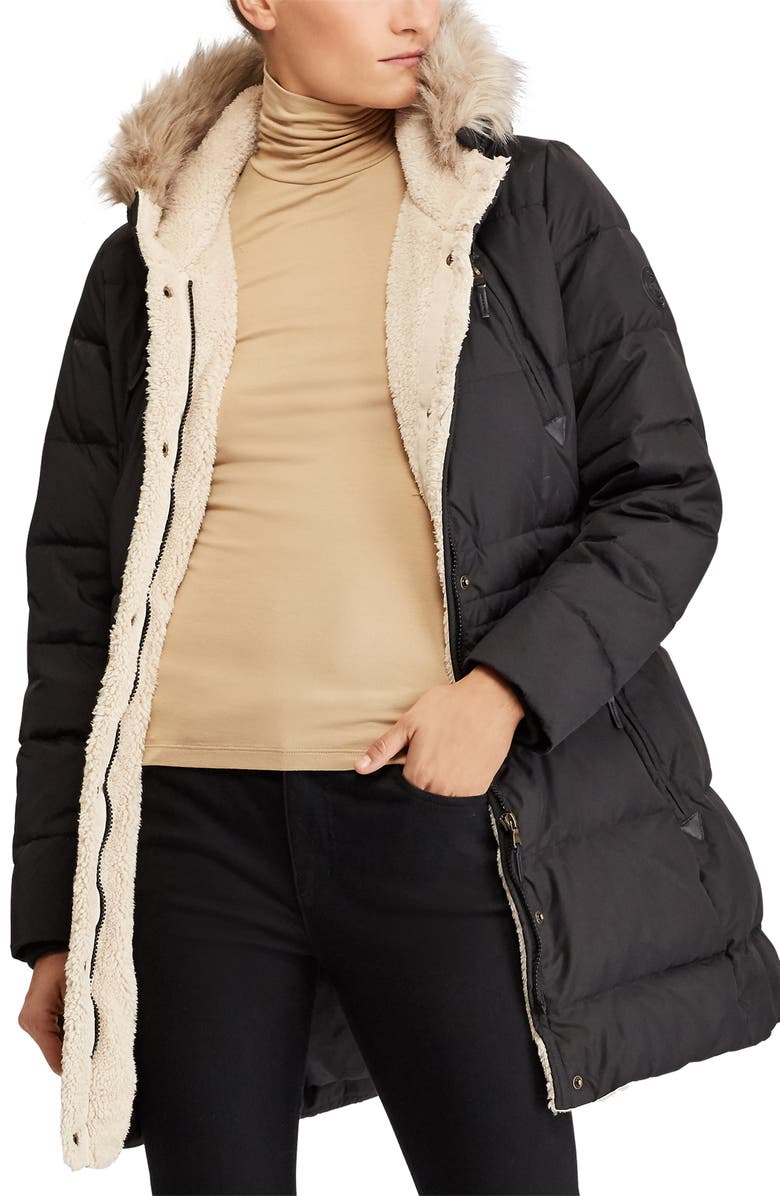 Lauren Ralph Lauren Faux Shearling Lined Down & Feather Coat, Alternate, color, 