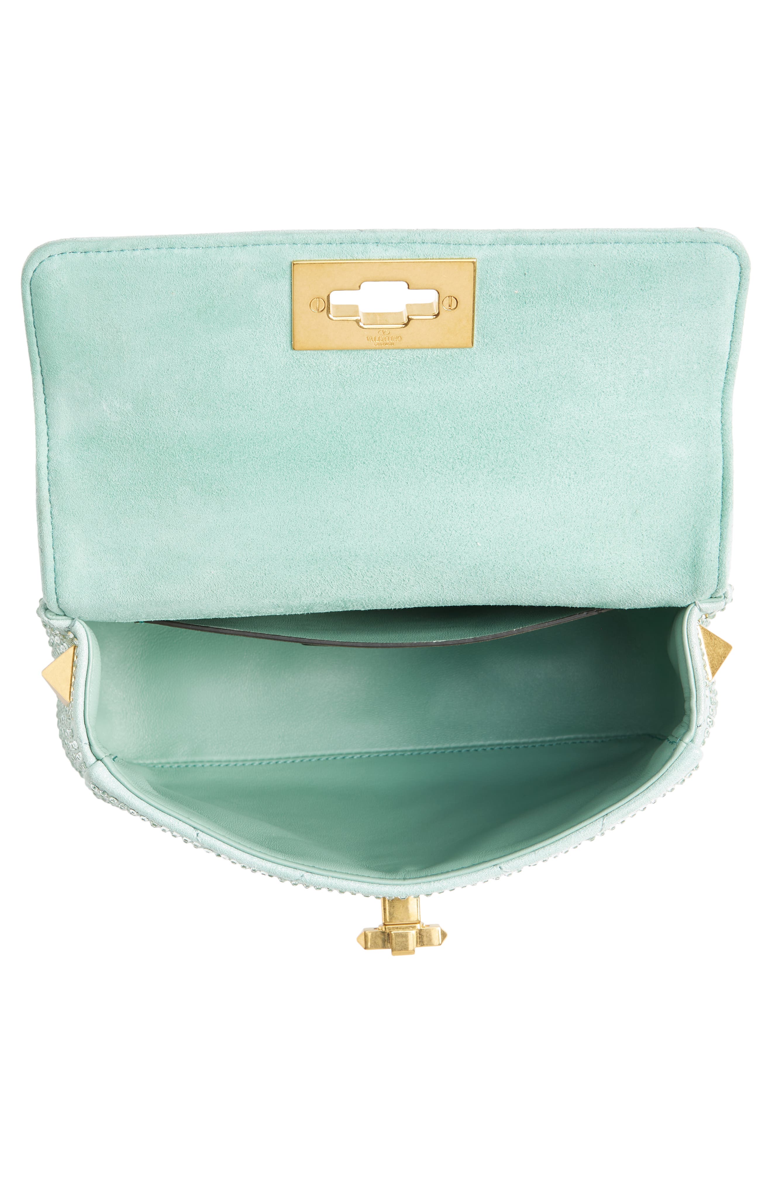 Valentino Garavani Small Roman Stud Crystal Embellished Matelassé Suede Shoulder Bag, Alternate, color, 