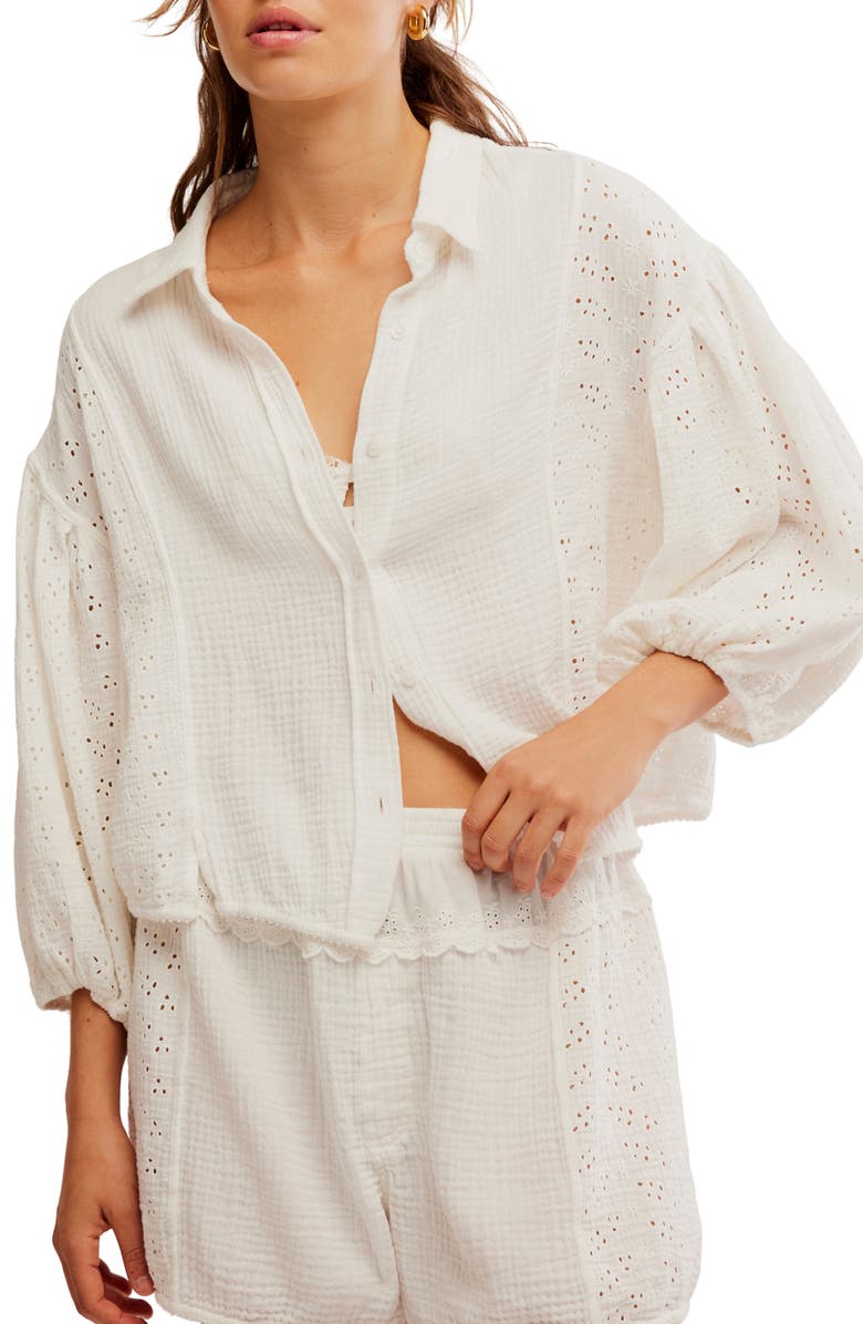 Free People Full Bloom Eyelet Detail Cotton Button-Up Shirt, Main, color, 