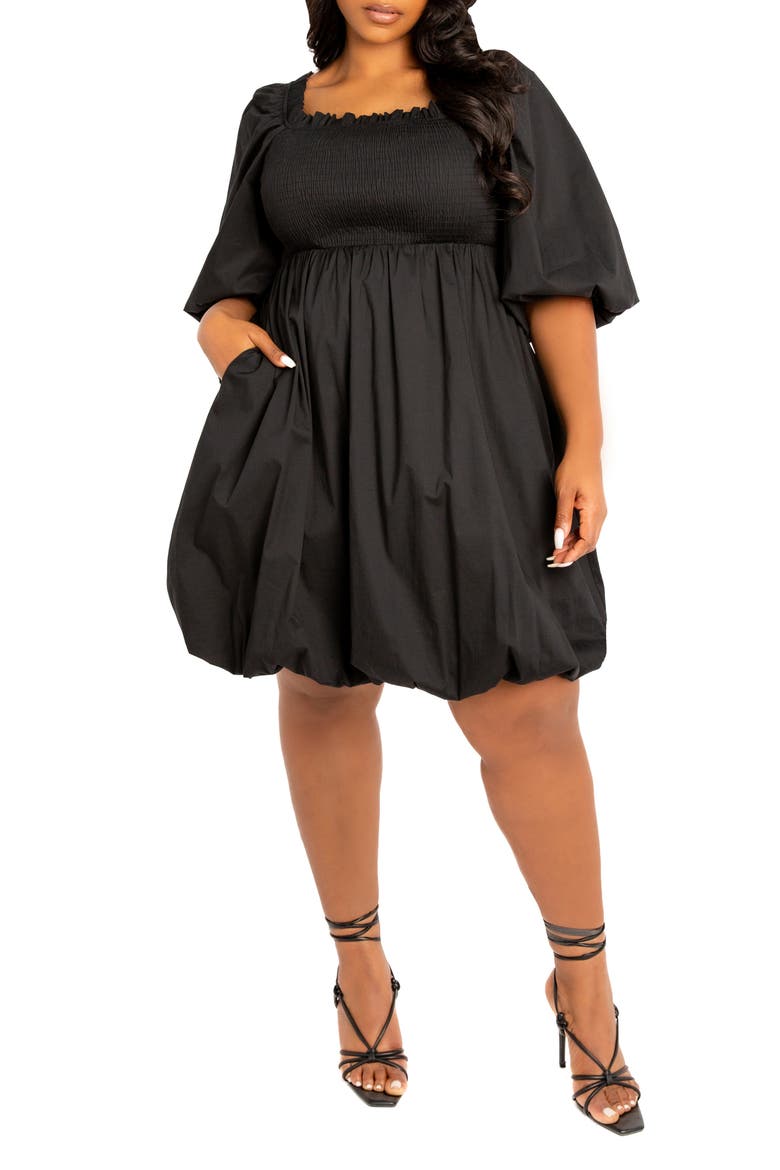 Smocked Puff Sleeve Cotton Blend Dress, Main, color, BLACK