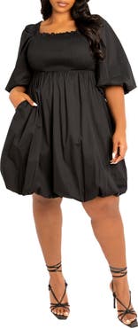 BUXOM COUTURE Smocked Puff Sleeve Cotton Blend Dress