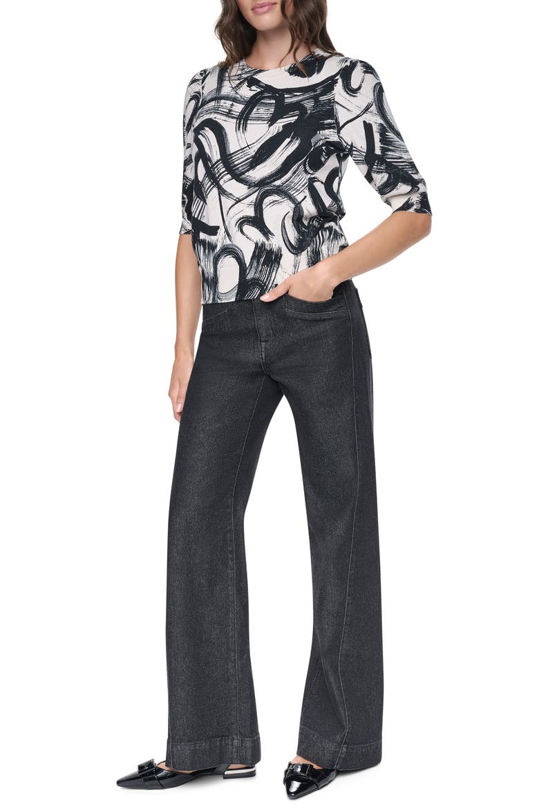 Brushstroke Pattern Short Sleeve Sweater, Alternate, color, IVORY HEART