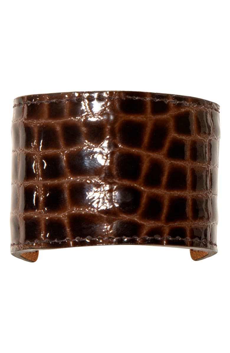 Jennifer Behr Croc Embossed Leather Ponytail Wrap, Main, color, Brown Croc