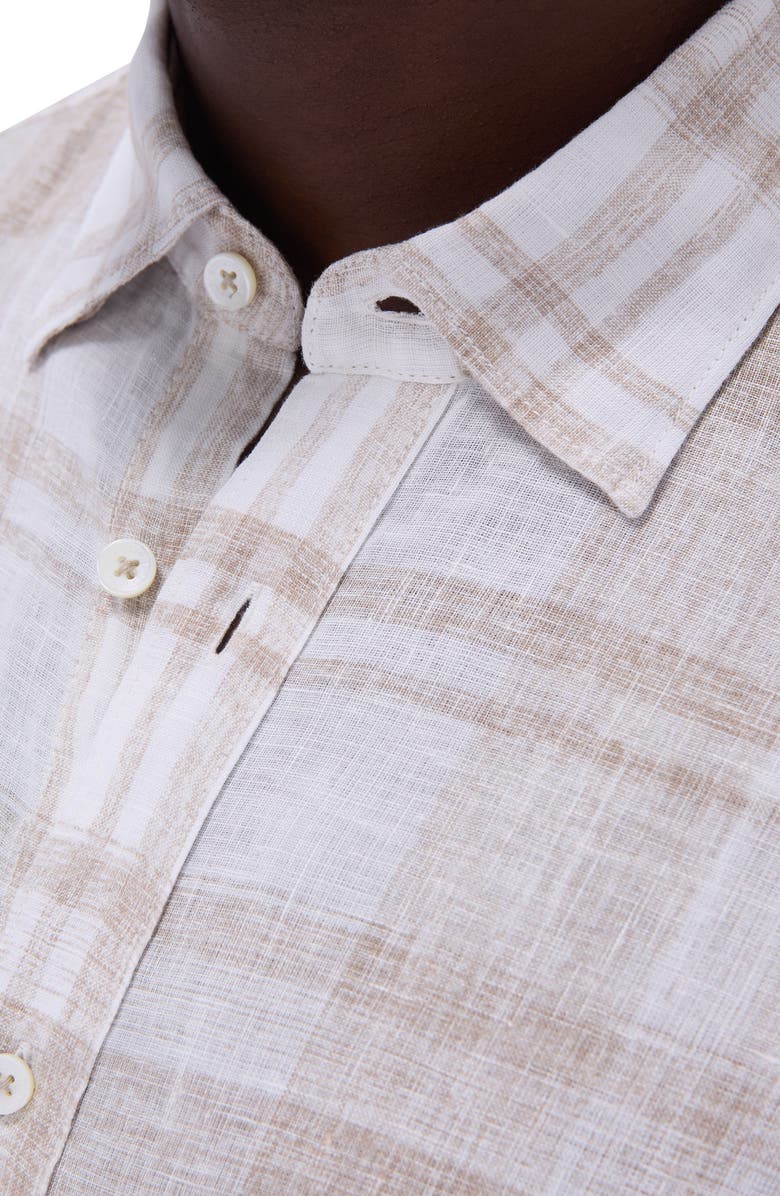 Bugatchi Julian Plaid Slub Linen Button-Up Shirt, Alternate, color, Sand