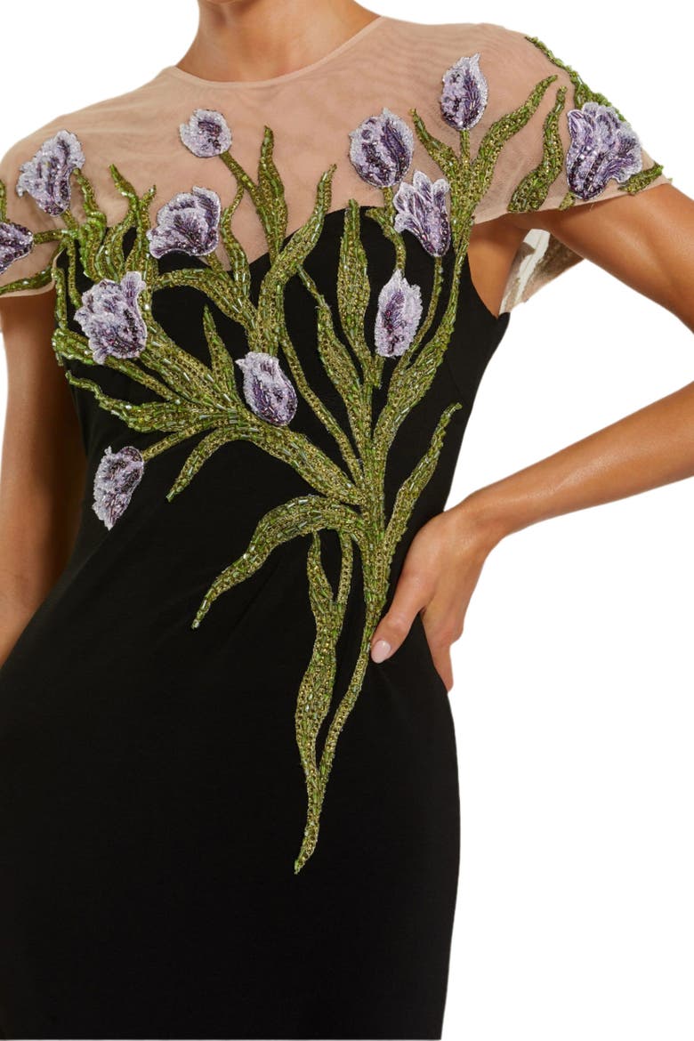 Women's Jersey Floral Embroidered Illusion Neck Gown, Alternate, color, Black Multi
