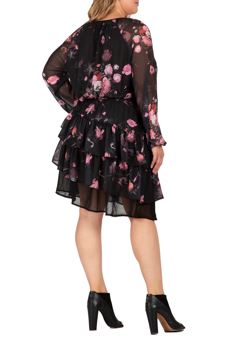 Floral Print Belted Long Sleeve Chiffon Dress, Alternate, color, BLACK FLORAL