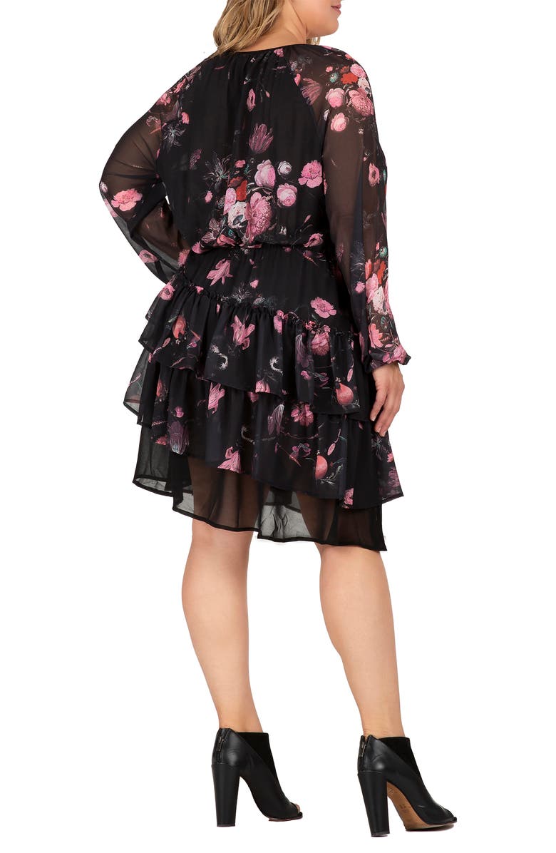 Standards & Practices Floral Print Belted Long Sleeve Chiffon Dress, Alternate, color, Black Floral