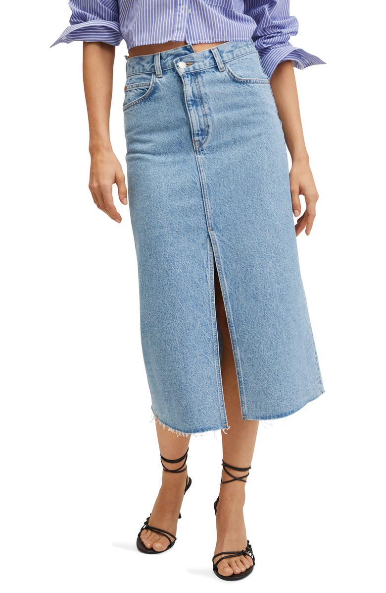 MANGO Front Slit Nonstretch Cotton Denim Skirt, Main, color, 