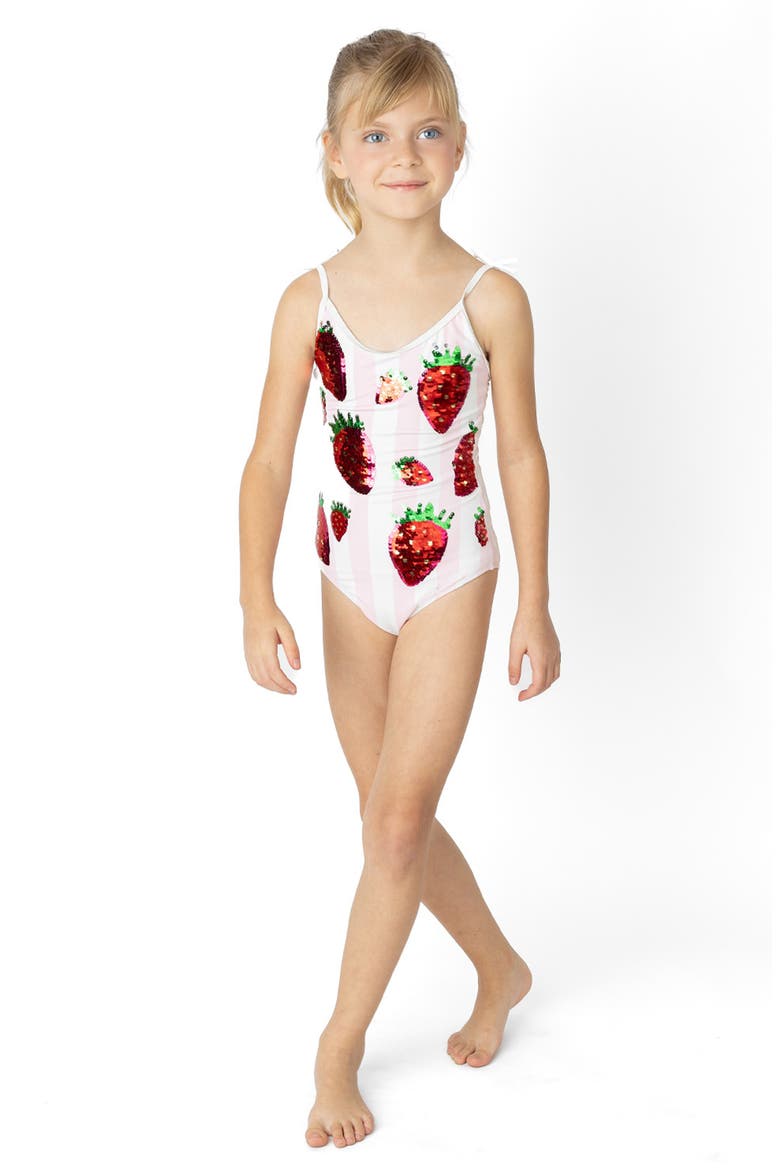 Kids' Summer Strawberry Sequin Stripe UPF 50+ One-Piece Swimsuit, Alternate, color, PINK