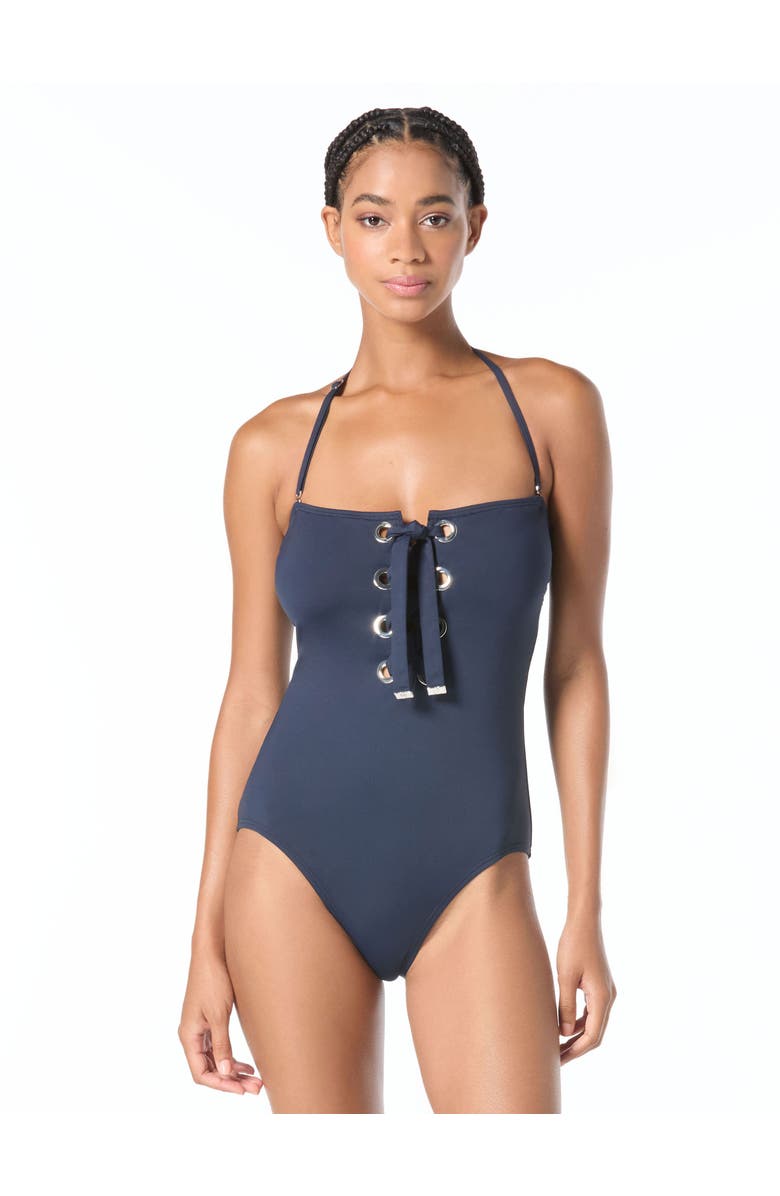 MICHAEL Michael Kors Grommet Solids Bandeau Lace Up One-Piece Swimsuit, Alternate, color, New Navy