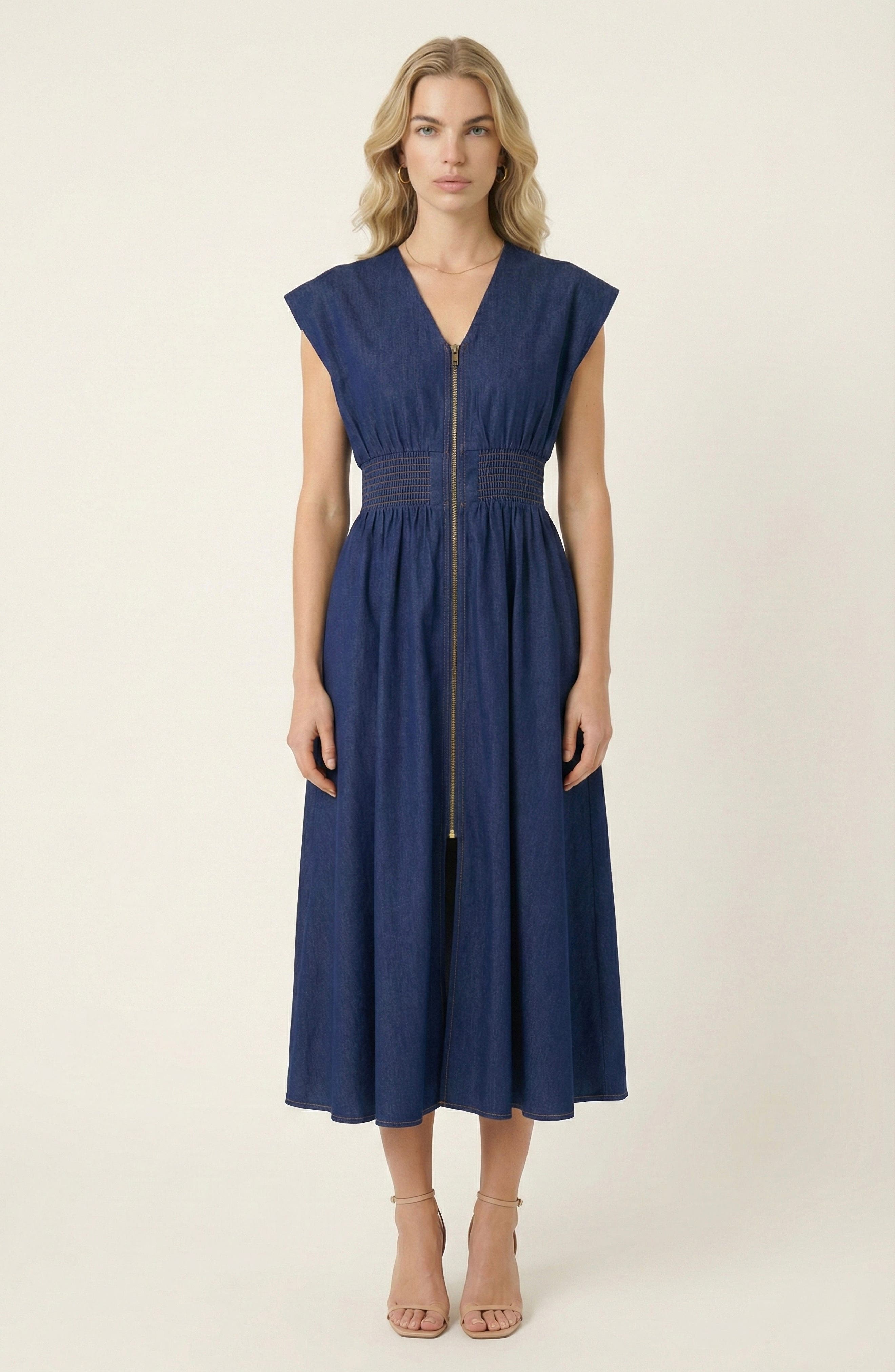 Zip Front Sleeveless Denim Midi Dress