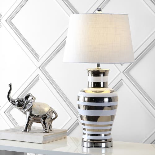 Jonathan Y Zilar Striped 28.75 Ceramic Iron Classic Modern Led Table Lamp In Silver/white