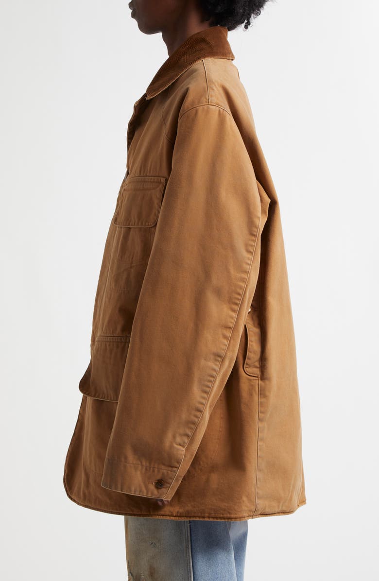 Maison Margiela Corduroy Collar Waxed Cotton Canvas Coat, Alternate, color, Ochre