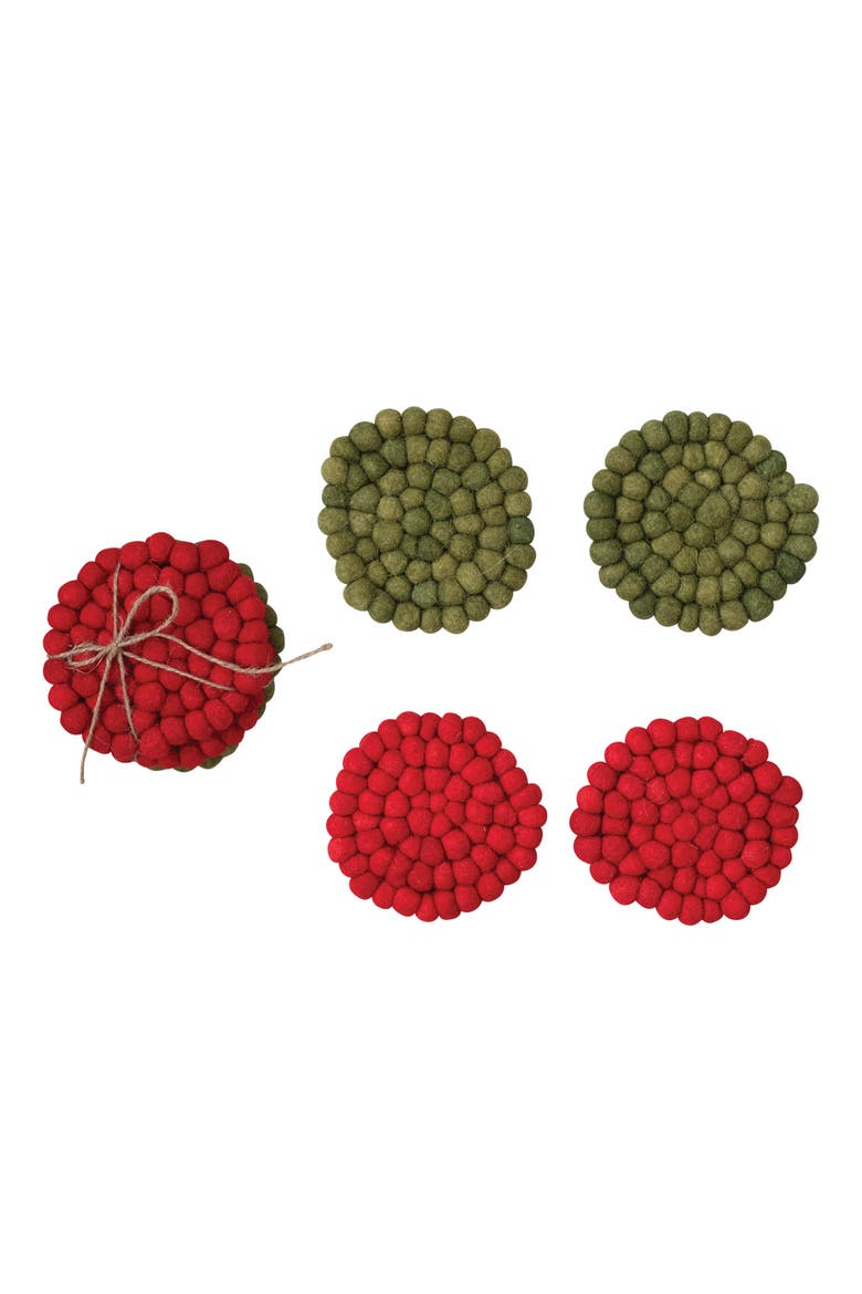 Wool Felt Ball Coasters, Red & Green, Set of 4, Main, color, Red & Green