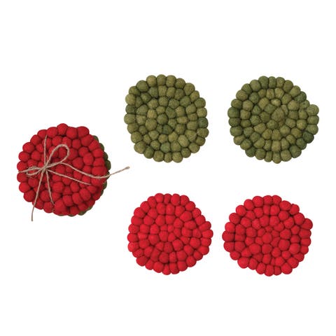 Wool Felt Ball Coasters, Red & Green, Set of 4