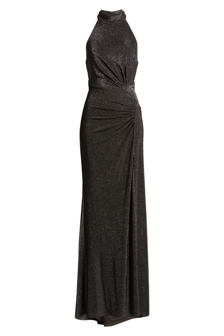 SHO by Tadahi Shoji Glitter Knit Halter Neck Body-Con Gown, Alternate, color, BLACK OPAL