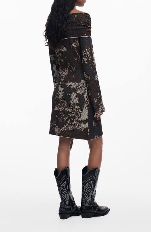 Desigual Off The Shoulder Long Sleeve Rib Dress In Brown