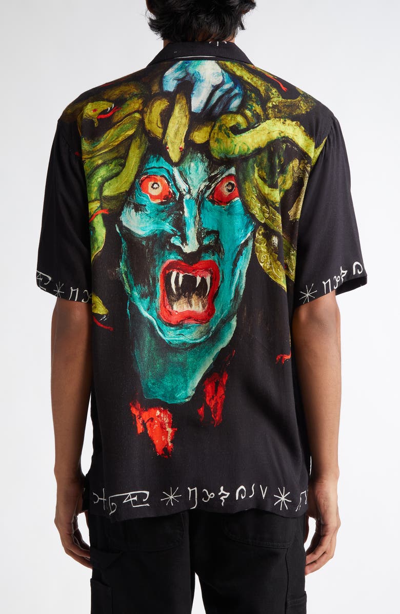 ENDLESS JOY Medusa Print Short Sleeve Button-Up Shirt, Alternate, color,