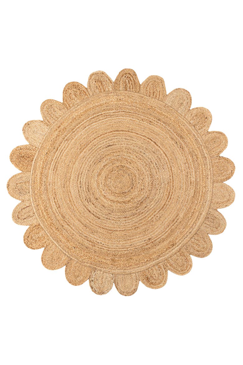 Petal Boho Jute Scalloped Circle Round Area Rug, Main, color, Natural