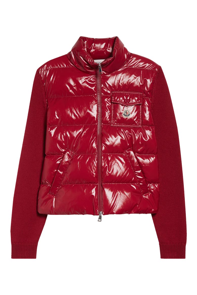 Mixed Media Quilted Down Puffer Cardigan, Alternate, color, RED