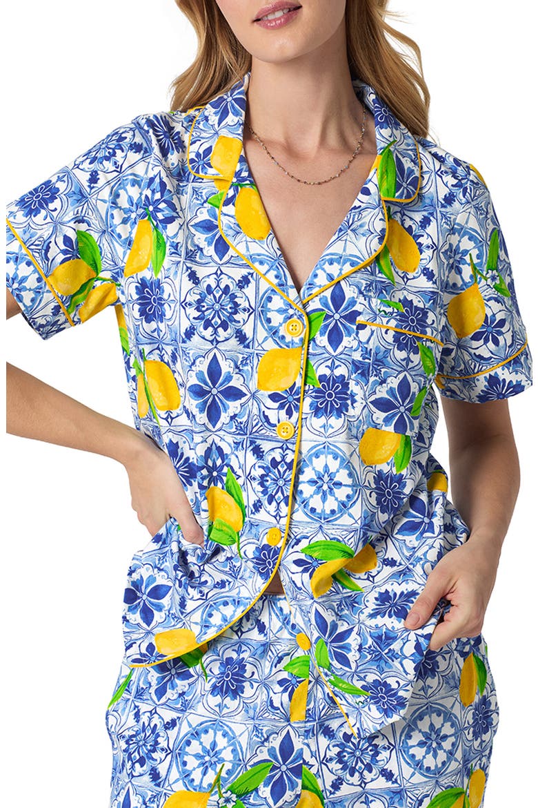 Print Stretch Organic Cotton Jersey Crop Pajamas, Alternate, color, AZURE SUMMER