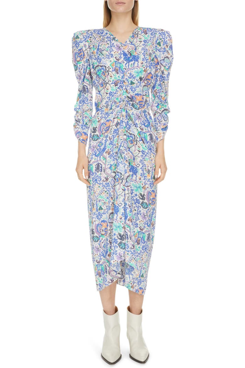 Albi Dot Print Ruched Stretch Silk Dress, Main, color, BLUE