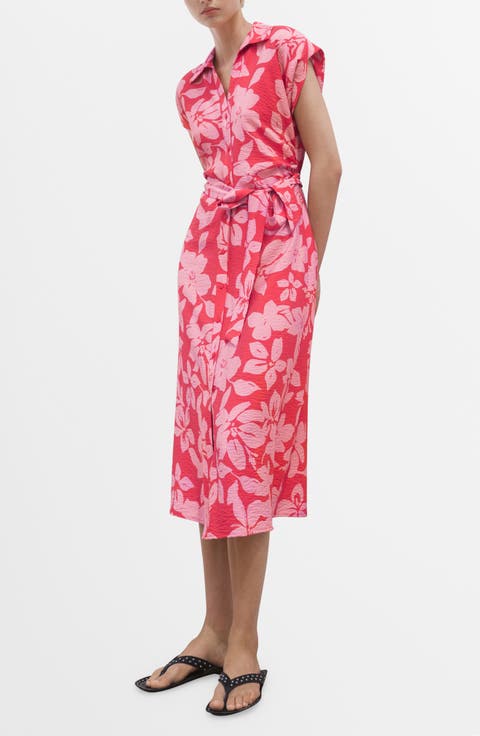 Floral Crinkle Tie Belt Shirtdress (Regular & Plus)