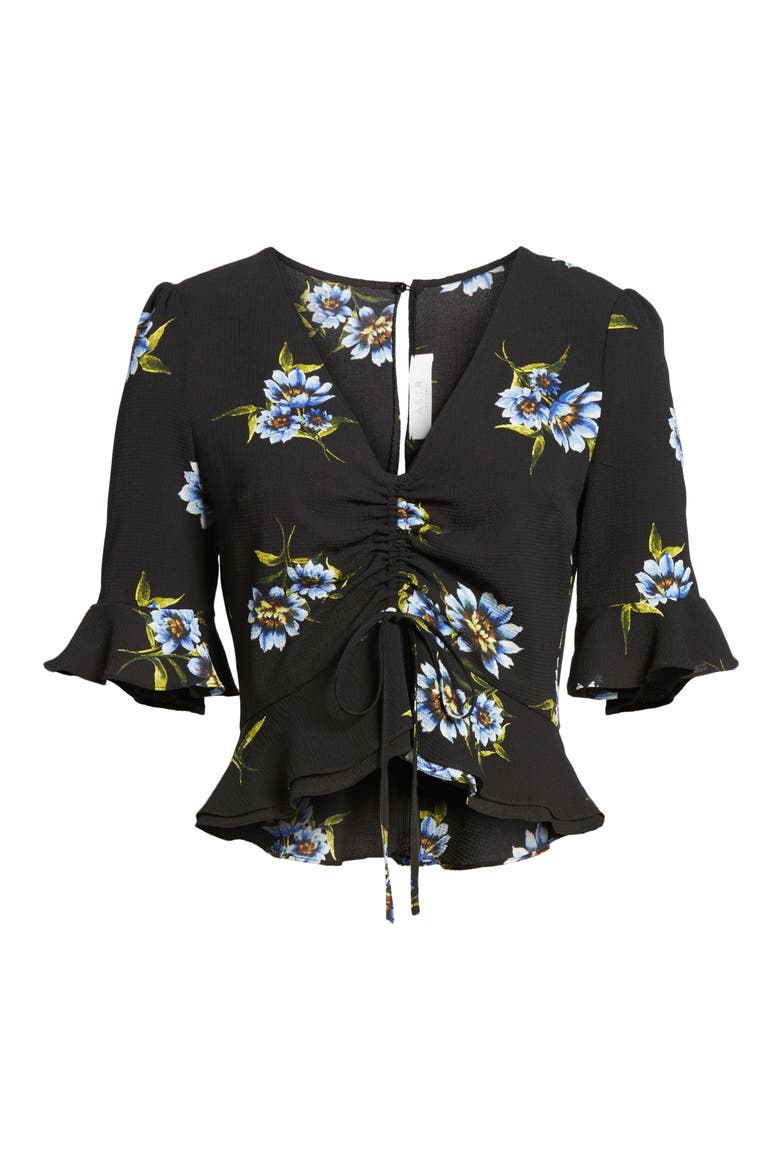 Cinch Front Crop Top, Alternate, color, BLACK MULTI FLORAL