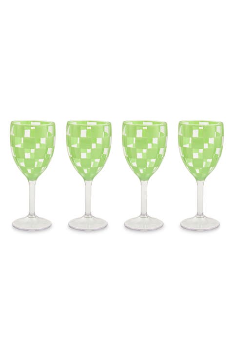Set of 4 Green Check Acrylic Wine Goblets