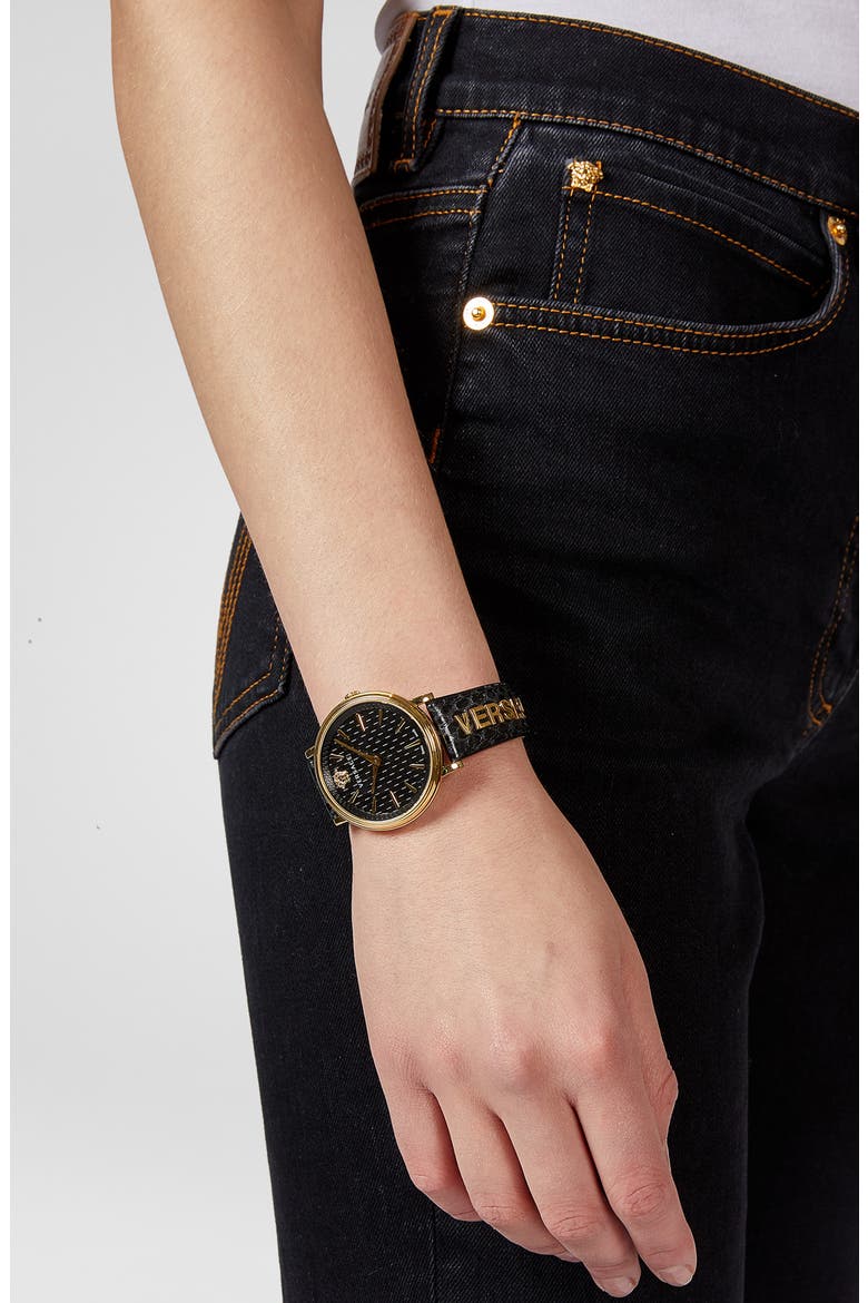 V-Circle Swiss Quartz Snakeskin Embossed Leather Strap Watch, 38mm, Alternate, color, GOLD