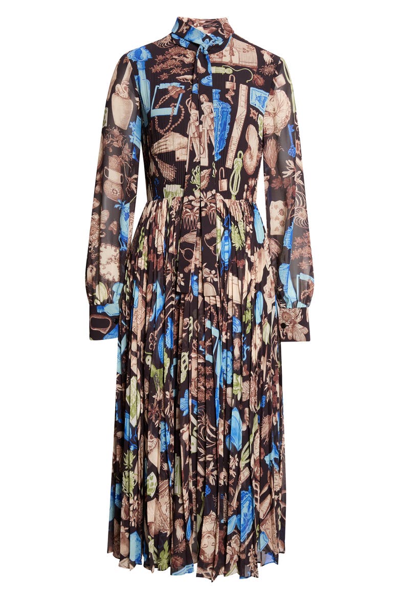 Tie Neck Pleated Midi Dress, Alternate, color, BLACK MULTI