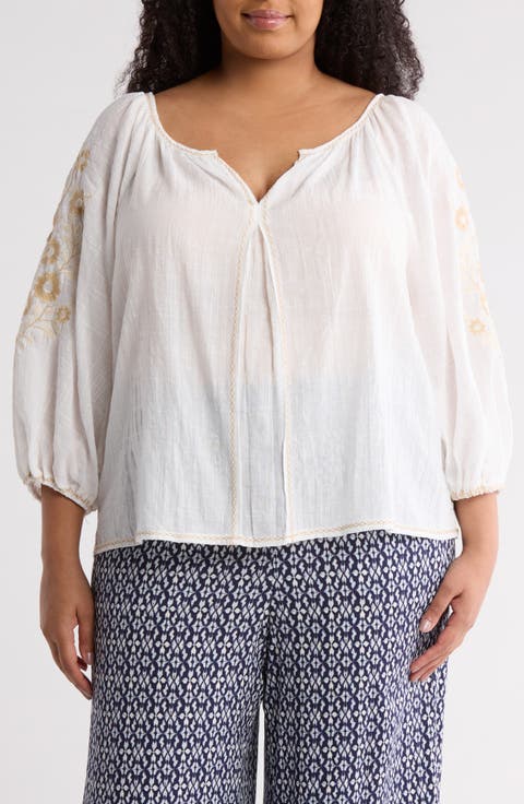 Embroidered Cotton Blend Top (Plus)