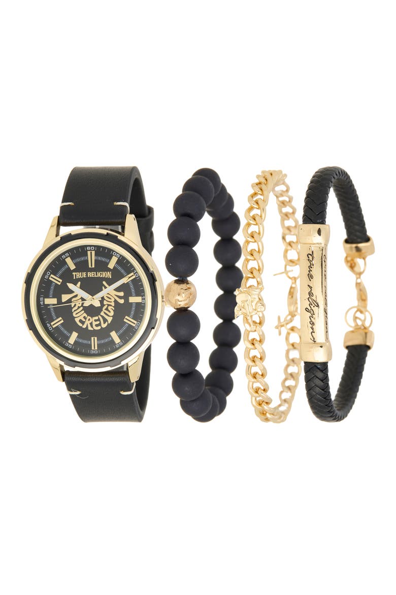 Arched Logo Faux Leather Strap Watch, 38mm & Assorted Bracelets Set, Main, color, GOLD