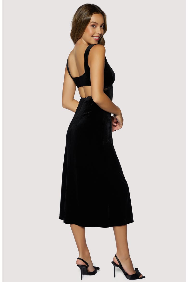 Fiorella Lace Trim Velvet Midi Dress, Alternate, color, BLACK