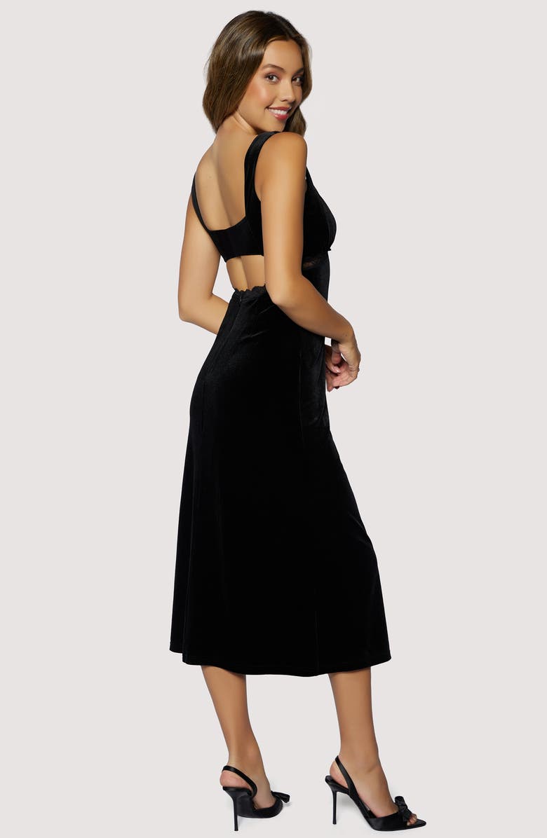 Lost + Wander Fiorella Lace Trim Velvet Midi Dress, Alternate, color, Black