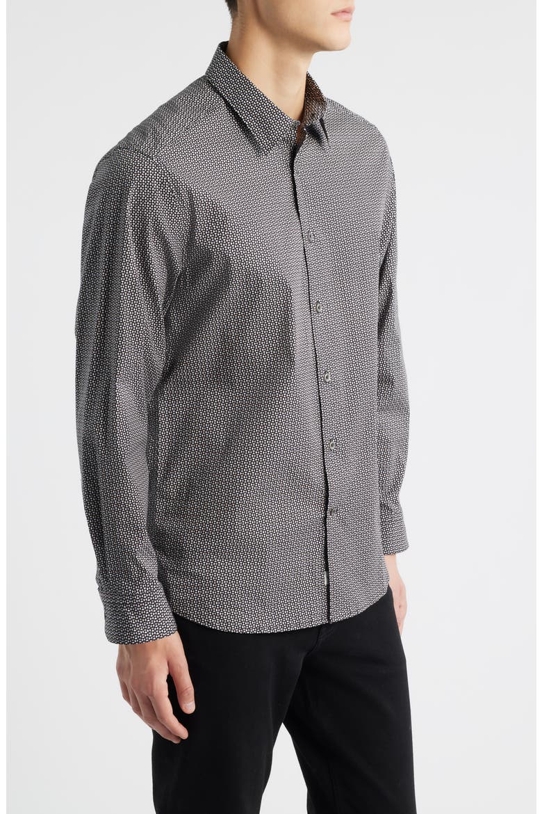 Oakley Modern Fit Microgeometric Print Stretch Cotton Button-Up Shirt, Alternate, color, BLACK
