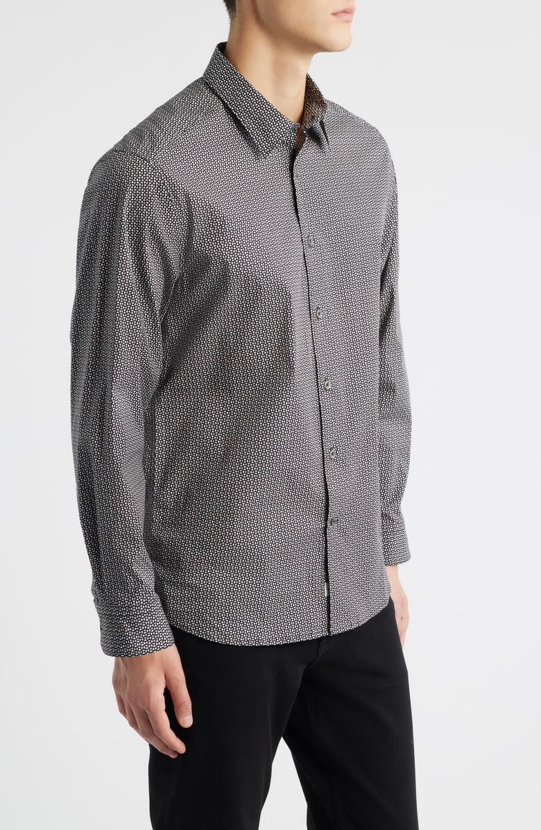 James Campbell Oakley Trim Fit Microgeometric Print Stretch Cotton Button-Up Shirt, Alternate, color, Black